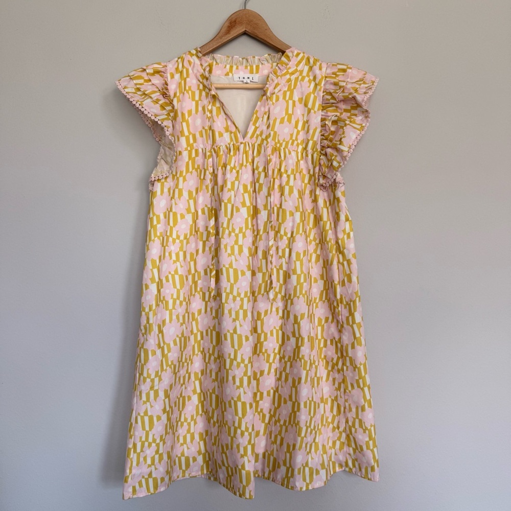 NWOT THML Pink and Yellow Patterned ruffle Sleeve Dress